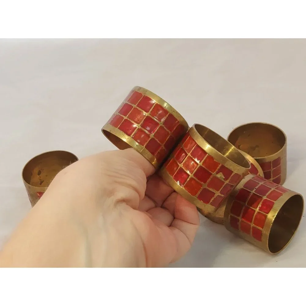 Pier 1 Vintage Brass with Red Enamel Napkin Rings Holder set of 8